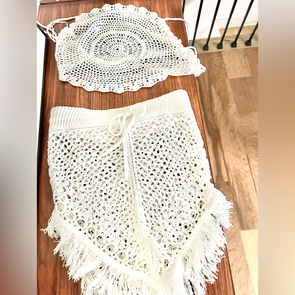 Tularosa White Asymmetrical Skirt and Tularosa white crochet top to match